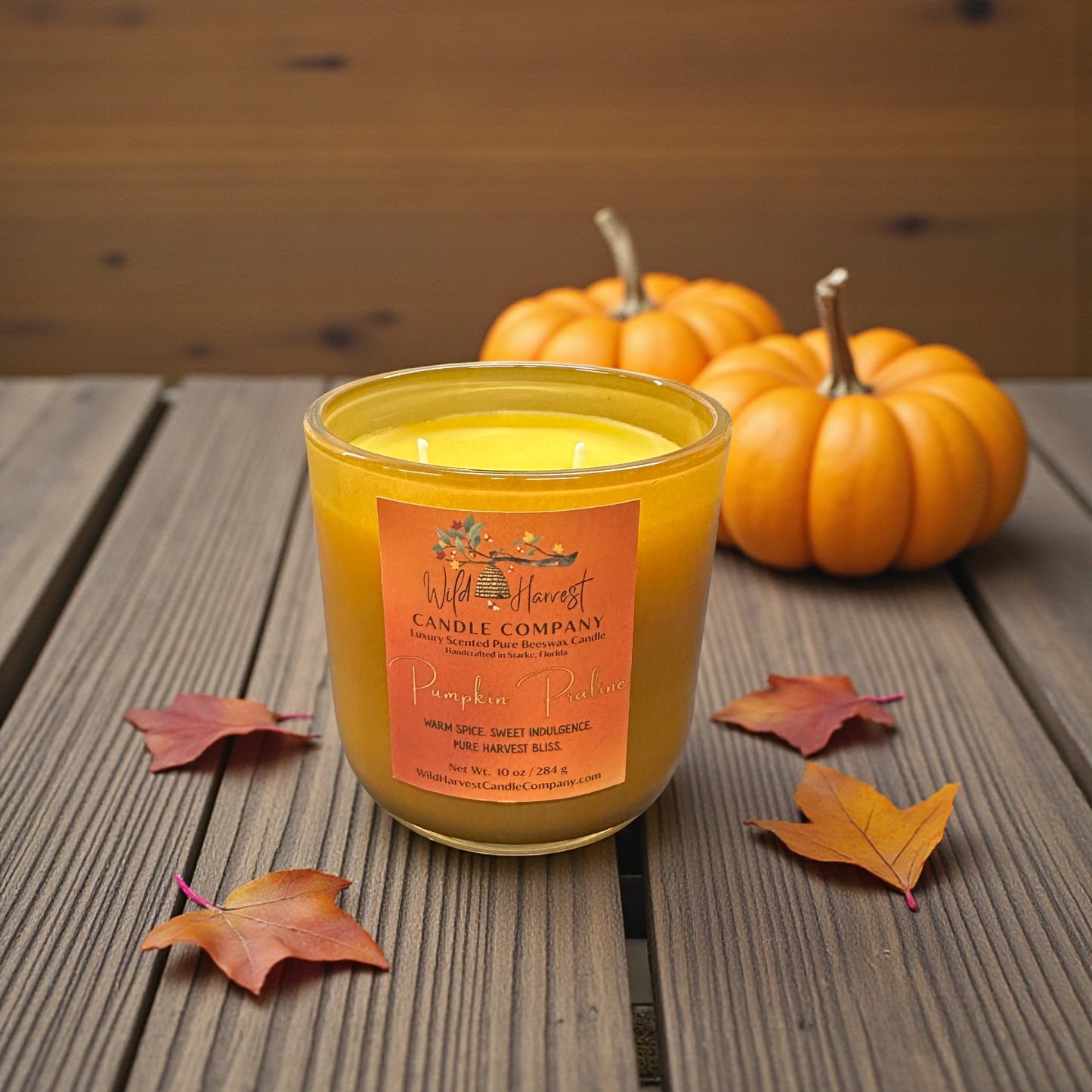 Pumpkin Praline Scented Pure Beeswax Candle – 10 oz Double-Wick | Warm Pumpkin Spice & Caramelized Praline | Toffee Glass Vessel