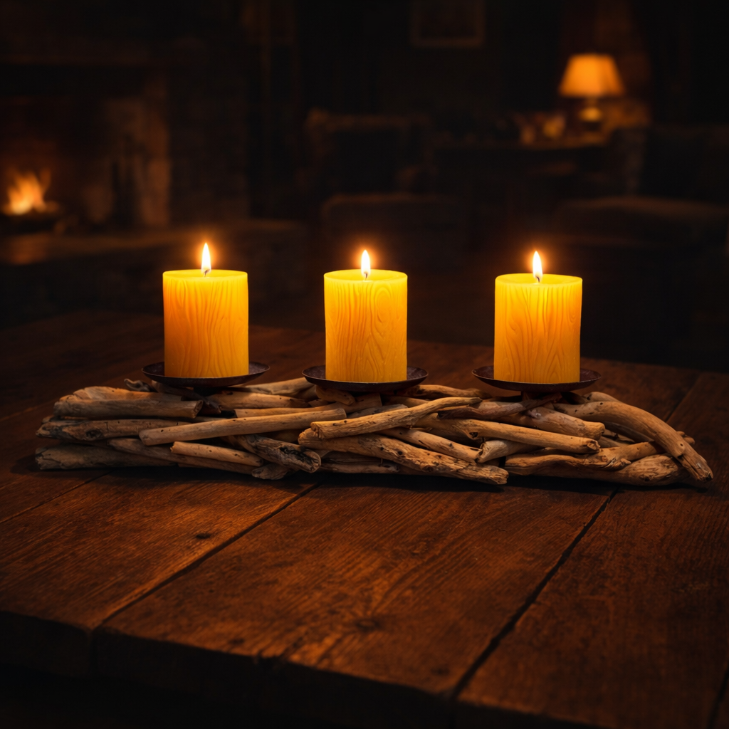 Three lit candles on a wooden surface with a warm glow, set against a dark background.